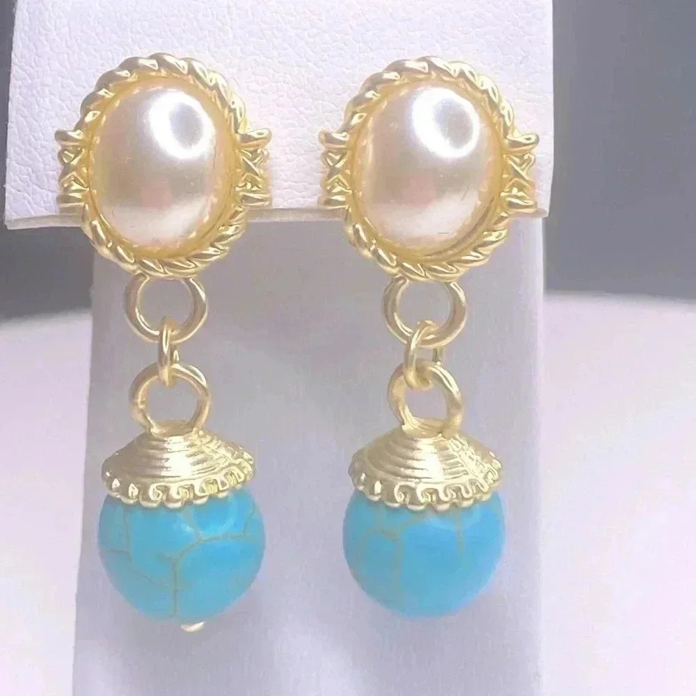 TURQUOISE MOTHER OF PEARL DROP EARRINGS - DESIGNER